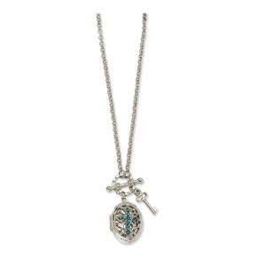  Silver tone Teal Crystal Cross Locket 24 Necklace 