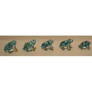  Set of 5 Blown Blue Glass Frog Figurines with Golden 
