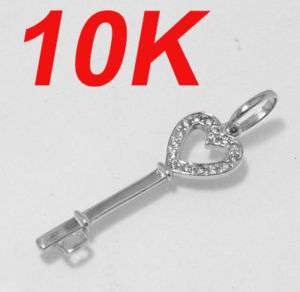 Diamonique Key Charm Pendant 10K White Gold NEW 1.5  