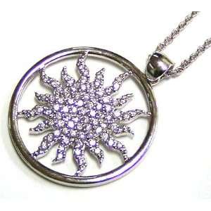 Sun Shaped Silver Pendant Necklace With Cubic Zerconia Stones