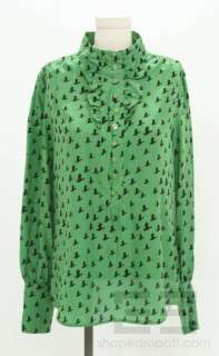 Juicy Couture Green & Black Bird Print Silk Blouse Size 12  