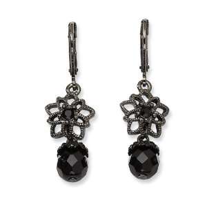 1928 Boutique Black plated Flower w/ Black Crystals Leverback Earrings