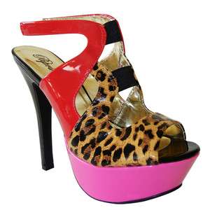 Sexy Patent Cheetah Color Blocked Peep Toe Ankle Strap Platform Heel 