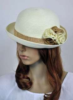   Flowers Hemp Straw Womens Summer Dress Roll up Hat Cap Fedora Cream