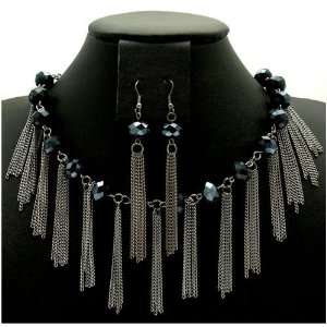   Black Bead & Stranded Chain   Fashion Necklace & Earring Set: Jewelry