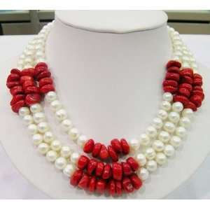  3 Strands Pearl&coral Necklace 16.5inch: Office Products