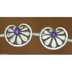 Sterling Silver and Purple Amethyst Button Earrings, Polished Petals