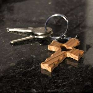  Hand Carved Olive Wood Scalloped Cross Keychain Office 