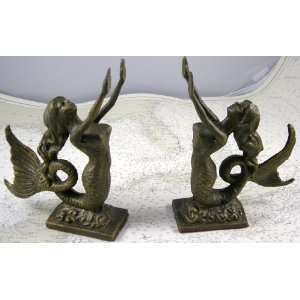  Pair of Gold Cast Iron Mermaid Bookends: Home & Kitchen