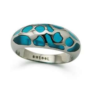  Stainless Steel Womens Ring w/ Turquoise Resin Inlay 