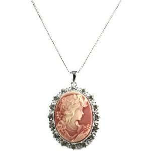    Beautiful Large Pink Ice Cameo Woman Necklace Silver Tone Jewelry