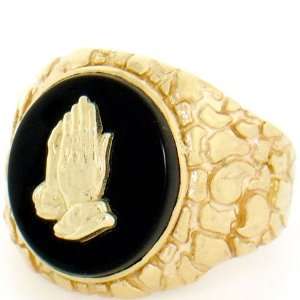    10K Solid Gold Nugget Praying Hand Oval Onyx Mens Ring: Jewelry