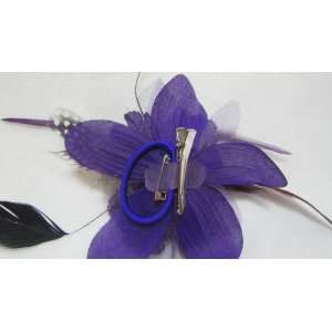 NEW Purple Formal Flower with Feathers Hair Clip Pin and Band   3 in 1 