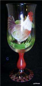 Hand Painted Stem Glass Goblet Chicken Rooster 8 c  