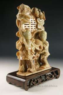 11 Splendid Chinese Old Handmade Jade Two Children Statue With Wooden 