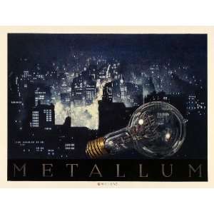 1931 Willrab Mini Poster Ad Metallum Electric Light Bulb City Night 