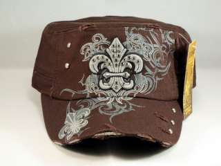 Fleur de lis Tribal Stud Brown Cadet Castro Hat Distress Visor from KB 