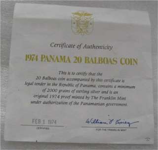 PANAMA SILVER CROWN 20 BALBOAS PROOF 1974  