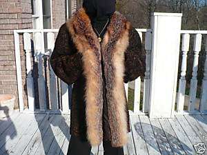 Rare mint brown Swakara & fox Fur Stroller Coat L  