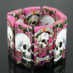  Gothic Skulls and Roses Love Dies Hard Pink Bracelet 