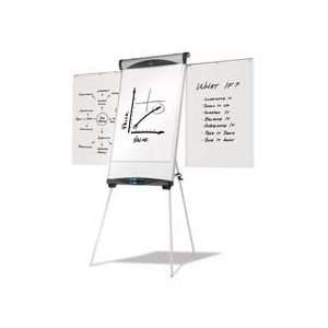 Tripod easel with magnetic dry erase board features a flipchart pad 