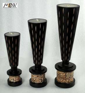 Set 3 Black Piala Carved Candle Holders w/ Candles  