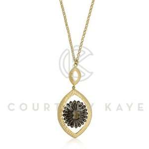 14k Hammered Gold and Hematite Plated Marquise Pendant with Black Aqua 