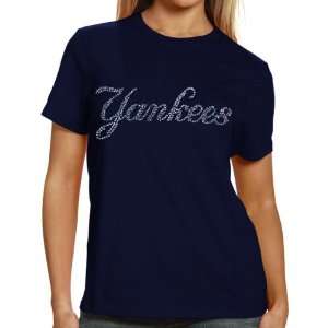 New York Yankees Ladies Sequin Jersey Logo Premium T Shirt 