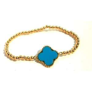 Stretch Bracelet 3mm Gold Filled Beads with Turquoise Clover Charm 