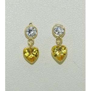  14K Yellow Gold CZ & Citrine Dangling Heart Earrings 