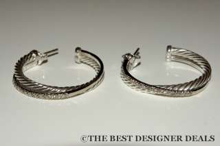 New David Yurman Medium 3MM Diamond 14K White Gold Crossover Earrings 