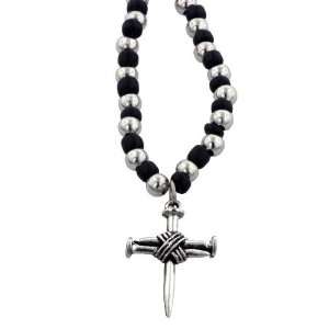   Alloy   Triple Nail Cross on Black & Silver Beaded Necklace: Jewelry