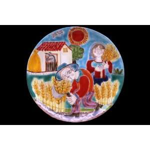 Hand Painted Italian Ceramic   Decorative Plate Scene of Harvesting 