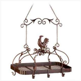 Country Rooster Rust Red Iron Kitchen Hanging Pan Pot Rack New #10921 