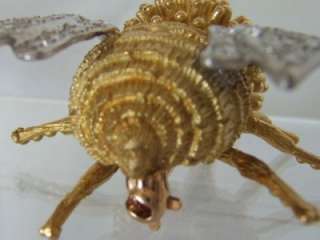 Vintage~ Fine Diamond 18k Gold~ Bumble Bee Pin Brooch w Saphire Eyes 