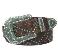 Ladies Western Turquoise Rhinestone Studded Genuine Leather Belt 