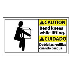Bilingual Plastic Sign   Caution Bend Knees While Lifting  