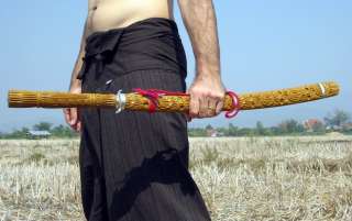 Medium Length Thai Sword with Art Carved Wood Scabbard  