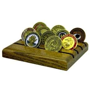 Solid Oak, Military Challenge Coin Holder, 12 Coin, Dark Stain, Flat 