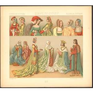 Medieval European court Fashion   Antique Print 1888