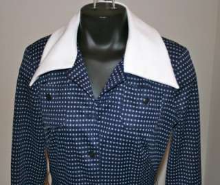   Vintage Navy Blue & White 70s Dress Polka Dot Knee Clothing M  