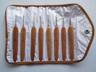   of 8 Sizes Stainless Steel Crochet Hooks with Bamboo Handle in a case
