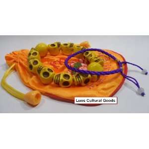   Set of 3) A Yellow Skull, a Purple String Bracelet & a Mala bag   J185