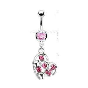  Steel Multi Pink Hearts Paved Gem Navel Ring Jewelry