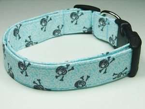 Charming Blue & White with Grey Skulls Dog Collar Small  