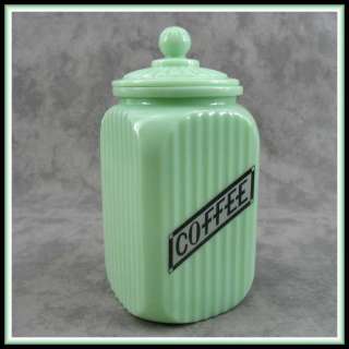 JADEITE GREEN GLASS TALL SQ COFFEE CANISTER JAR RIBBED ARCH PANEL w 