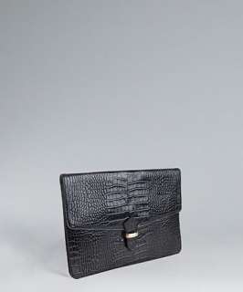 Camille Zarsky black crocodile embossed leather portfolio clutch