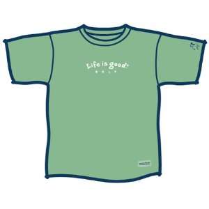 Life Is Good Mens Short Sleeve T shirts: Arched Golf Script on Apple 