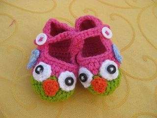 Hot pink with Green/Lime owl crochet Bootie shoes newborn 12mo  