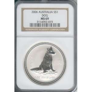 2006 AUSTRALIAN SILVER DOG COIN, ONE DOLLAR,ONE OUNCE .999 FINE SILVER 